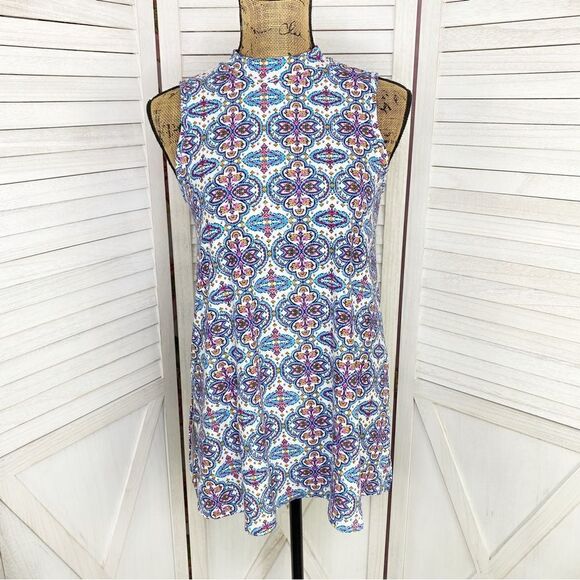 Sweet Tea’s by Pink Rose Mandala Mock Neck Sleeveless Top White Blue Small - Picture 1 of 11